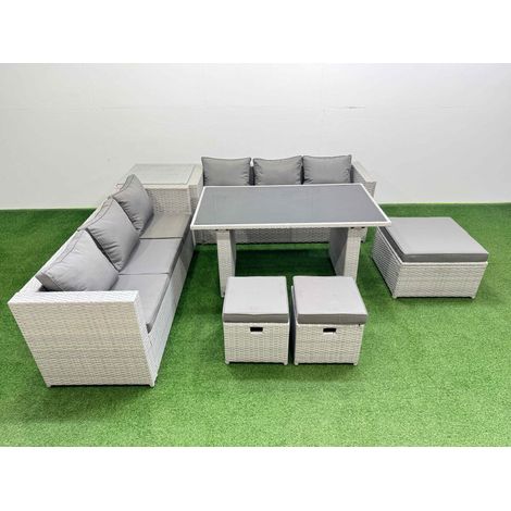 Fimous Rattan Garden Furniture Dining Set 9-seater Patio Rectangular Table Sofa Set with Side Table 3 Stools Light Grey (1/5)