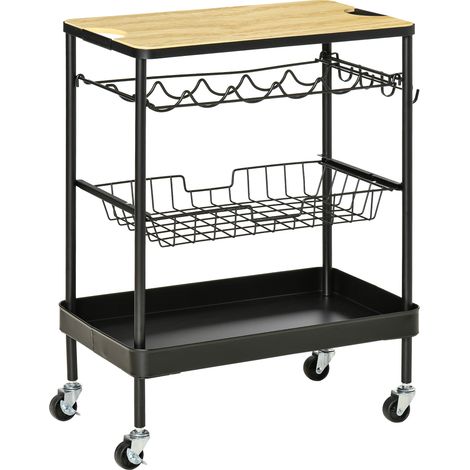 Beyamis Mobiler Küchenwagen, multifunktionaler Servierwagen mit Flaschenhalter, abnehmbarem Korb und Ablage, 60,5 x 35,5 x 75 cm, Schwarz