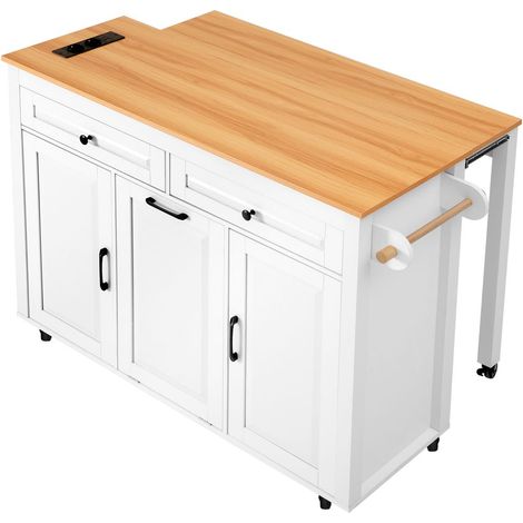 Îlot de cuisine meuble de cuisine sur roulettes espace repas extensible plan de travail compartiment poubelle multiprises intégrées (1/3)