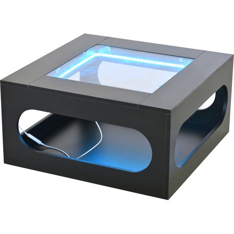 Quadratischer Couchtisch 70 x 70 x 35 cm aus MDF und gehärtetem Glas mit USB-LED, Schwarz (1/5)