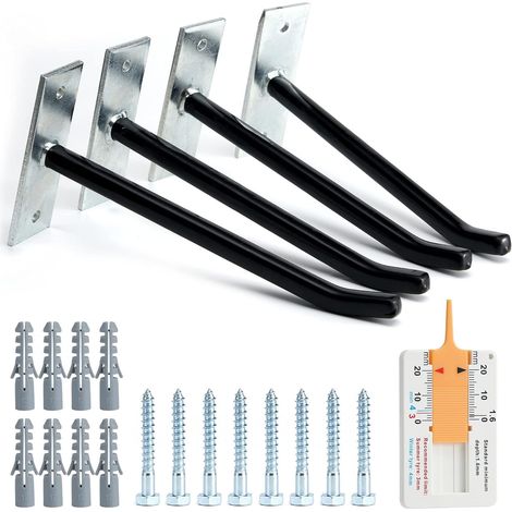 Lot de 4 crochets de garage pour système de rangement de pneus, crochets muraux avec vis et chevilles métalliques – Support de pneus/jante pour voiture, noir (1/5)