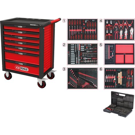 KS TOOLS RACINGline NOIR/ROUGE Servante d'atelier 7 tiroirs avec 598 outils Premium - 826.7598 (1/3)