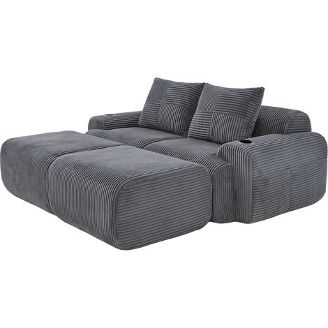 Divano modulare 2 posti 200x174x80 cm in velluto a coste grigio scuro con 2 pouf - CHICFURN (1/5)