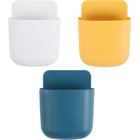 Boîte de rangement murale pour télécommande, support de charge pour organisateur d'articles divers, support suspendu pour téléphone portable, stockage d'accessoires (jaune + bleu + blanc) (1/5)