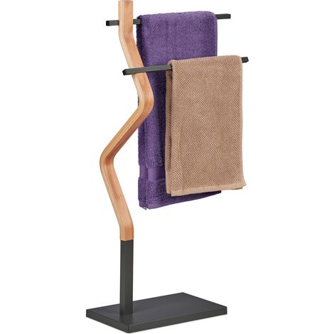 Relaxdays Towel Rack, 2 Rails, Free-Standing, 85 x 43.5 x 20 cm, Bathroom Stand for Towels, Steel & MDF, Grey/Natural (1/5)