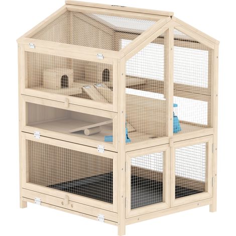 Cage en bois pour hamster, 3 niveaux, cage pour rongeurs, cage pour petits animaux avec cabanes, bascules, rampes, abreuvoirs, 68 x 61,5 x 90 cm, bois naturel