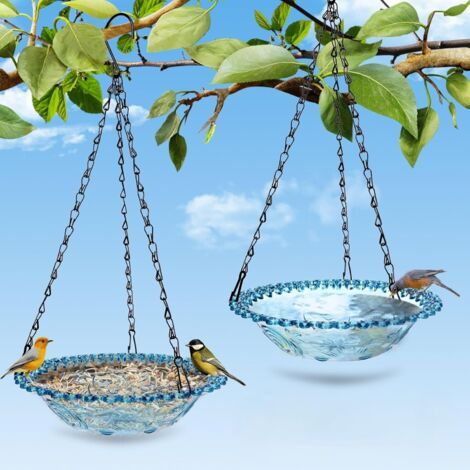 Lot de 2 bains d'oiseaux suspendus, mangeoires suspendues pour l'extérieur, bol d'eau pour oiseaux, décoration de jardin,bleu (1/5)