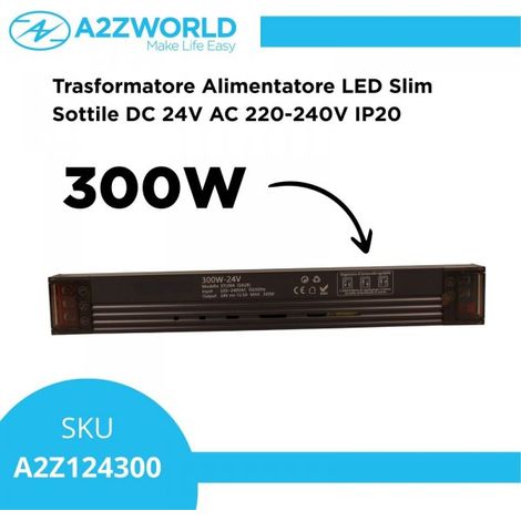 Trasformatore Alimentatore LED Slim Sottile 300W DC 24V AC 220-240V IP20 Dimmerabile a DIP con Coperchio Protezione su Morsetti 262x35x25mm