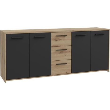 Buffet PILVI - Style contemporain - Particules mélaminé -Décor Chene artisan et Noir- 4 portes + 3 tiroirs - L179,2 x P42 x H (1/5)