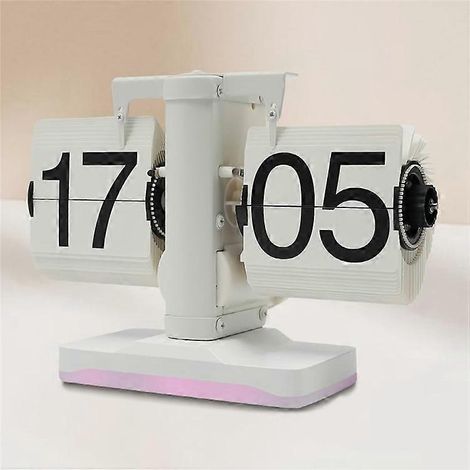 Réveil à page tournante automatique, style rétro et minimaliste, horloge de bureau, mouvement à quartz monobloc en acier inoxydable, avec veilleuse, blanc. (1/5)