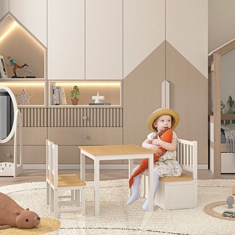 Blanche Naturelle - Table et chaises pour enfants en 4 pièces Table pour enfants avec 2 chaises et un banc avec mobilier de rangement