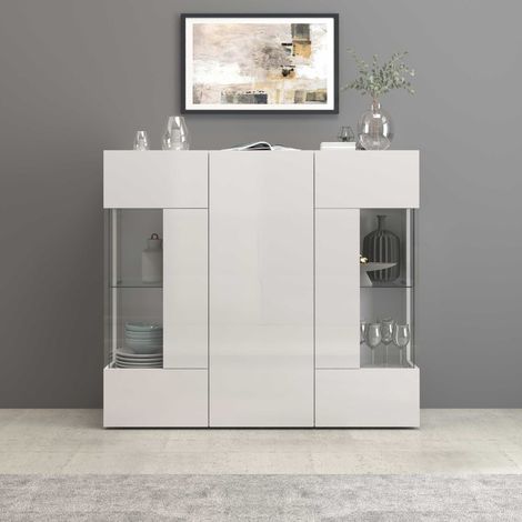 WHOUS Credenza Egypt con 3 ante e inserti in vetro espositivi bianco lucido 135x40x120 cm (1/5)