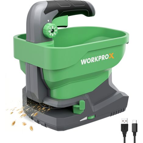 WORKPROX Épandeur de Graines Électrique 7,2 V avec 8 Débits, 6 Vitesses et Largeur de Projection Réglable, Épandeur pour Gazon avec Batterie Intégrée 2,0 Ah pour Graines, Engrais et Sel de Déneigement