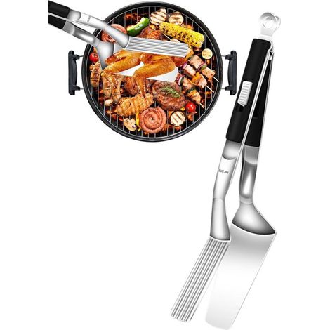 Pinzas para barbacoa - Pinzas para parrilla - Espátula - Para voltear alimentos - Superficie de espátula ampliada - 298 cm - Negro (1/5)