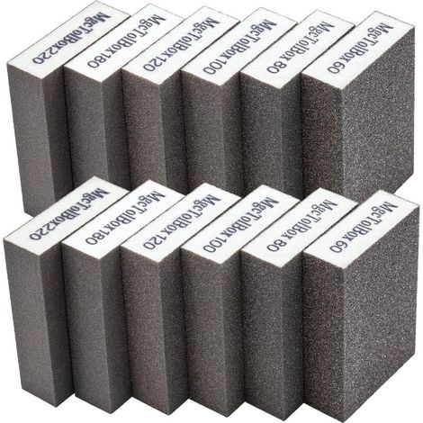 – Lot de 12 éponges abrasives haute densité – Grains 60/80/100/120/180/220 – Ponage humide et sec – Pour bois dur et métal - 12pcs (1/5)