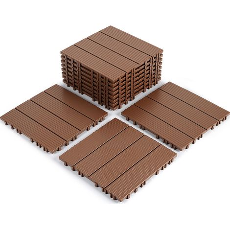 Wolketon 11 Stück Terrassenfliesen 1 qm, 30x30cm Kunststoff Fliesen Klickfliesen Balkonfliesen Holzoptik Gestreift, Wetterfest, Anti-Rutsch, Braun 4-Streifen (1/5)
