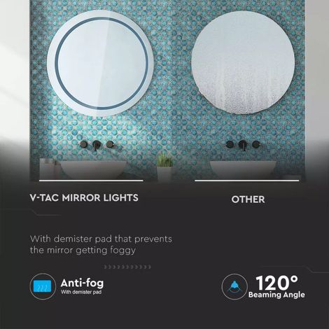 V-TAC VT-8601 Miroir LED 25W Anti-buée blanc froid 6400K salle de bain corps rond en fer IP44 - sku 40481 (1/4)