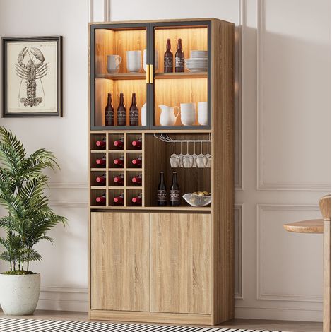 Vitrina de baño en MDF natural con puertas de vidrio e iluminación LED 180 cm (1/5)