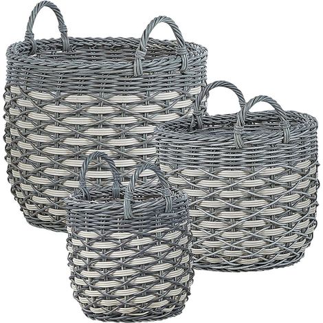 Lot de 3 Paniers à Fleurs d'Extérieur pour Plantes Cousus en Polyrotin Gris et Blanc Gefira