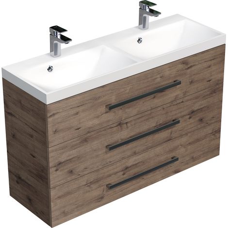 Naturel – Meuble sous vasque double vasque 120x76,5x40 cm – CUBE21203DW – Chêne Wellington – Tiroirs extensibles – Marbre coulé blanc