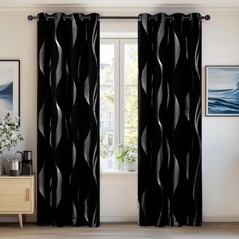 Rideaux occultants noirs pour chambre, imprimé feuille argenté lignes ondulées, isolants thermiques, économie énergie, œillets, 2 panneaux，100200cm (1/5)
