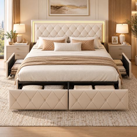 Lit double 140x200cm avec 4 tiroirs, Lit adult 140x200cm avec sommier et led, tête de lit, Cadre de lit en métal, pu beige (1/5)