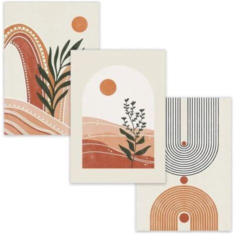 3-teiliges abstraktes botanisches Boho-Wandbild-Set, geometrische Pflanzen-Wanddekoration, salbeigrüne und orangefarbene Wandposter für Schlafzimmer, Wohnzimmer, Badezimmer, 15 x 20 cm, ungerahmt (1/5)