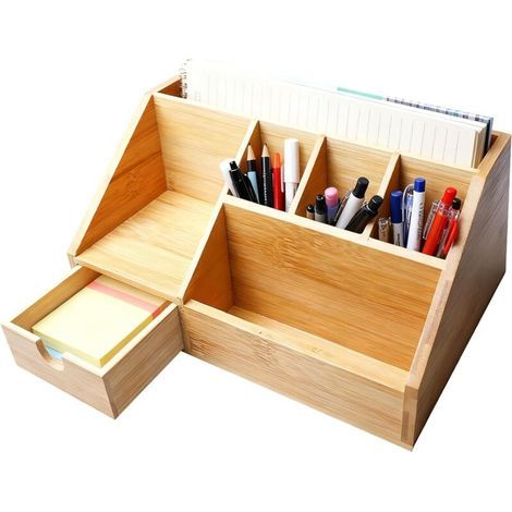 Organiseur de bureau en bambou avec tiroir, organisateur de bureau en bois, boîte à crayons, organisateur de table, porte-stylos en bambou, étagère pour bureau et bureau à domicile, 24,5 x 15 x (1/5)