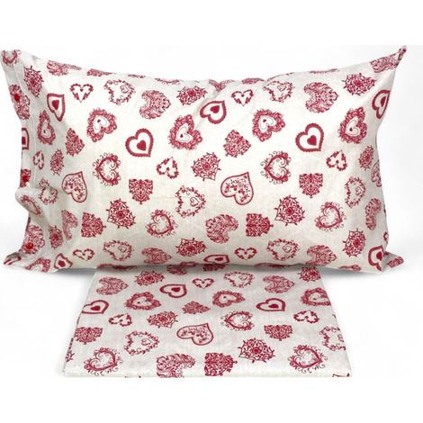 Completo Lenzuola Miros Cuore - Biancheria Letto Tirolese Cotone 100% - Cuori Rossi Made in Italy Due Piazze (1/4)