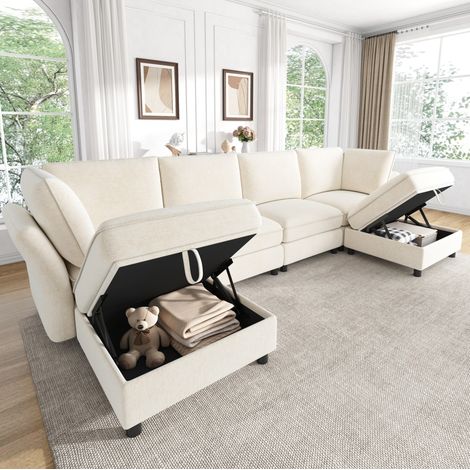 Divano modulare angolare U/L in ciniglia beige con 2 pouf contenitore, 6 posti (1/5)