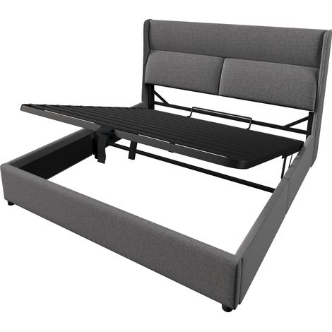 CAIziLit double capitonné 160x200 cm avec têtes de lit réglables, cadre de lit hydraulique avec espace de rangement, lit en lin avec sommier à lattes en métal, gris (sans matelas) (1/5)