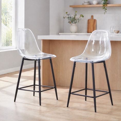 Taburete de bar transparente pack de 2, estructura de metal negro, 101,6 cm, con reposapiés OKMYHOME (1/5)