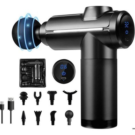 Pistolet de Massage Musculaire avec 32 Niveaux Réglables,8 Têtes et l\'Écran LCD Pour Soulager Douleurs et Raideurs Musculaires