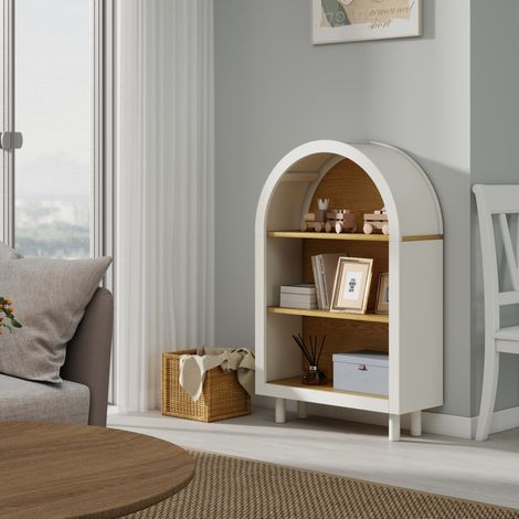 MODFU – Bibliothèque 3 niveaux 60x24x95 cm bois d'ingénierie – Sommet arrondi et finition bicolore – Charge 10 kg par étagère, pieds bois – Salon, chambre ou entrée – Blanc et bois naturel (1/5)