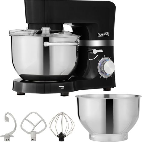 AREBOS Küchenmaschine 1500W Schwarz  Knetmaschine mit 2x Edelstahl-Rührschüsseln 4,5 & 5,5L  Geräuscharm  Küchenmixer mit Rührhaken, Knethaken, Schlagbesen und Spritzschutz  6 Geschwindigkeiten