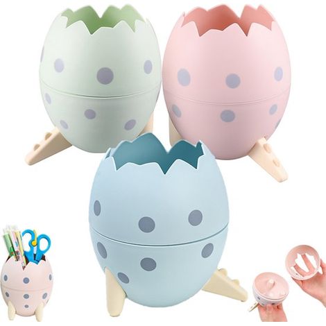 Lot de 3 - Porte-stylo de bureau en forme d'œuf de dinosaure - Porte-stylo décoratif en forme d'œuf de dinosaure - Porte-stylo grande capacité - 12,5 x 10,5 cm - Vert + Bleu + Rose - Convient pour la  (1/5)