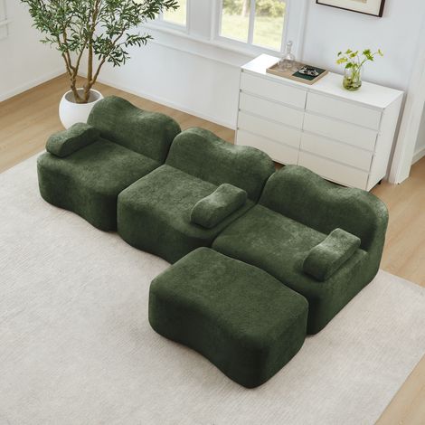 Canapé modulaire sans armature en L 3 places avec 1 ottoman, mousse haute densité 32D, forme ondulée, assise profonde, coussin d’accoudoir amovible, pour salon, vert (1/5)