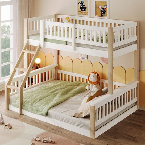 Lit superposé 90x200cm + 140x200cm - Avec échelle - Avec garde-corps - Blanc + naturel (matelas non inclus)