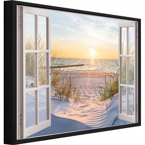 Gerahmtes Leinwandbild mit schwarzem Rahmen, 3D-Fenster zu Strand und Meer für Wohnzimmer und Schlafzimmer, hochauflösender Druck, 100 x 70 cm