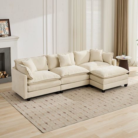 Pouf Ottoman pour canapé modulaire, repose-pieds confortable pour salon, chambre et appartement, assise double couche rembourrée, tissu velours côtelé respirant, beige, DE501DBG (1/5)