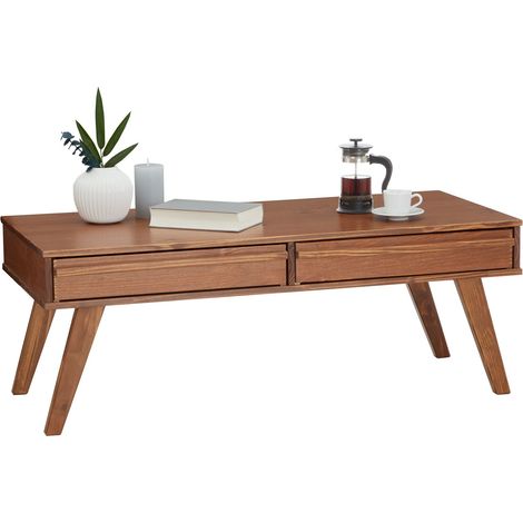 Idimex – Table basse fixe rectangulaire en pin massif lasuré brun foncé – 2 tiroirs – Dimensions 42 x 110 x 50 cm – Design scandinave épuré (1/4)