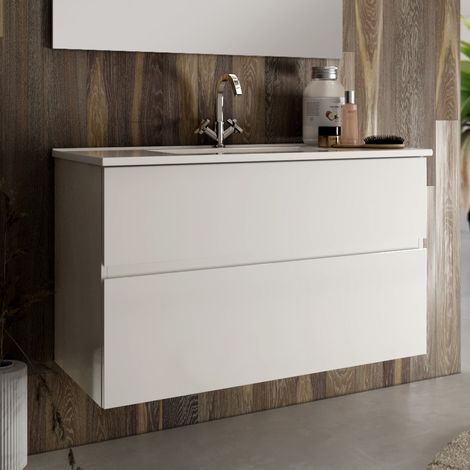 Meuble de salle de bain 60cm simple vasque - 2 tiroirs - sans miroir - blanc - MIG (1/3)