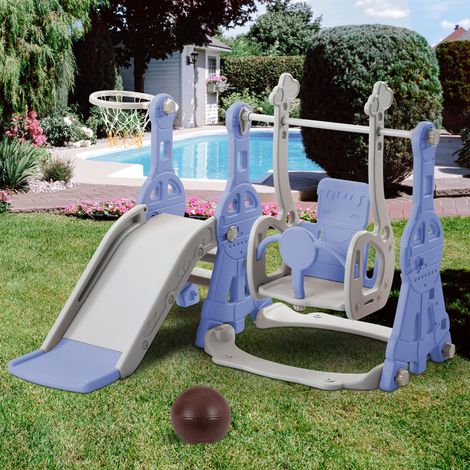 Scivolo per bambini 4 in 1, altalena con supporto da basket, scala da arrampicata, altalena, scivolo da giardino per interni ed esterni - Blu (1/5)