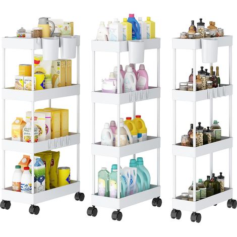 Lot de 3 Chariot de Rangement à 4 Niveaux à roulettes avec Crochets et Suspendues Amovibles pour Salon/Salle de Bain/Buanderie/Cuisine/Bureau (Blanc) (1/5)