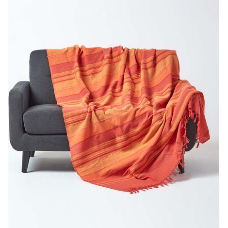 HOMESCAPES Jeté de lit ou de canapé à rayures Morocco - Orange - 255 x 360 cm