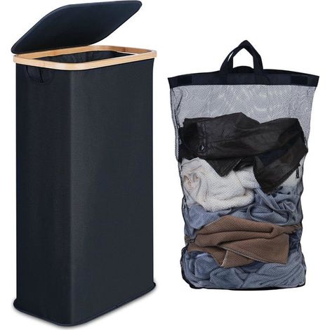 Ecleanfy - panier linge étroit 63L avec couvercle. Structure bambou, sac amovible. Design mince pour espaces réduits.Noir. (1/5)