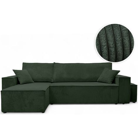 Canapé FARAH d'angle réversible et convertible 4 places avec un pouf en velours côtelé - Vert foncé (1/5)