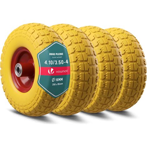Lot de 4 Roue Increvable 3.5-4 en PU Roue de Brouette 260x85mm Alésage de 16 mm avec Roulements à Billes pour Diable Chariot et Remorque de Jardin Jaune (1/5)