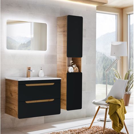 Badmöbel Waschplatzset in seidenmatt anthrazit mit Wotan Eiche Nb. NEW-LUTON mit 81 cm Keramik-Waschtisch & LED-Spiegel, B/H/T ca. 130/200/46 cm (1/5)