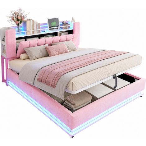 Lit coffre 180 x 200 cm avec LED, ports USB et rangement hydraulique, tête de lit de rangement, velours rose, structure métal, pour chambre moderne – CHICFURN (1/5)